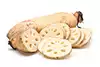 radice di loto fresco (circa 1 1/2 pollici di lunghezza), sbucciata e tagliata a fette spesse 1/4 di pollice