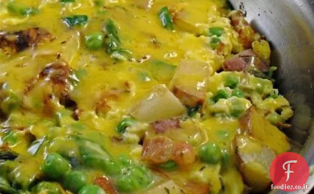 Tortilla di patate, piselli e pancetta