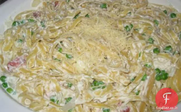 Spaghetti al formaggio con pancetta e piselli