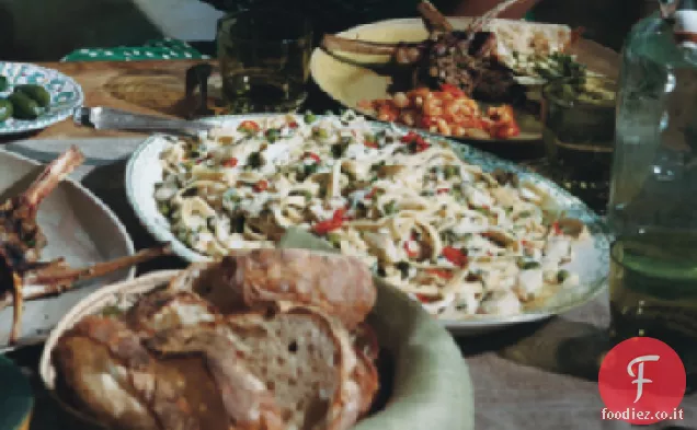 Pasta fresca con carne di granchio, Piselli e Cile