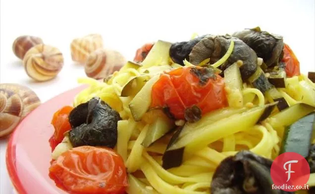 Tagliarini allo Zafferano Con Lumache, Acetosa, Pomodoro, Zucchine