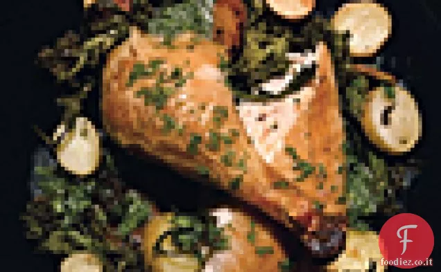 Pollo arrosto con broccoli Rabe, patate Fingerling, e aglio-Prezzemolo Jus