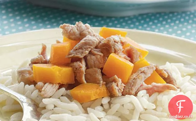 Carne di maiale e zucca saltate in padella