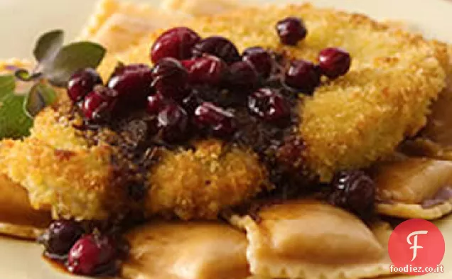 Ravioli di zucca e capesante di tacchino con burro marrone di mirtilli rossi