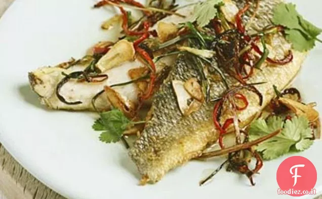 Spigola della Cornovaglia con peperoncini crespi, zenzero e cipolline