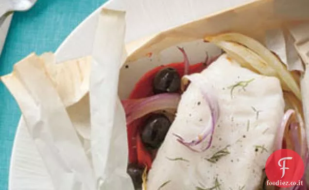 Branzino En Papillote Con Peperoni Arrostiti, Olive Nere e Fe