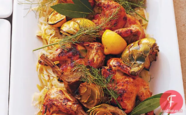 Poussins di coriandolo e pepe alla griglia con porri e finocchio