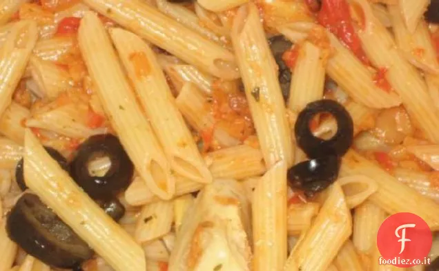 Penne con pepe rosso arrosto, carciofo e purea di aglio