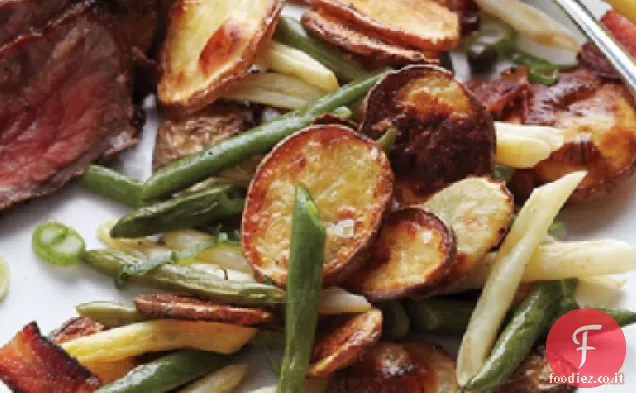 Insalata di due fagioli con patate arrosto e pancetta