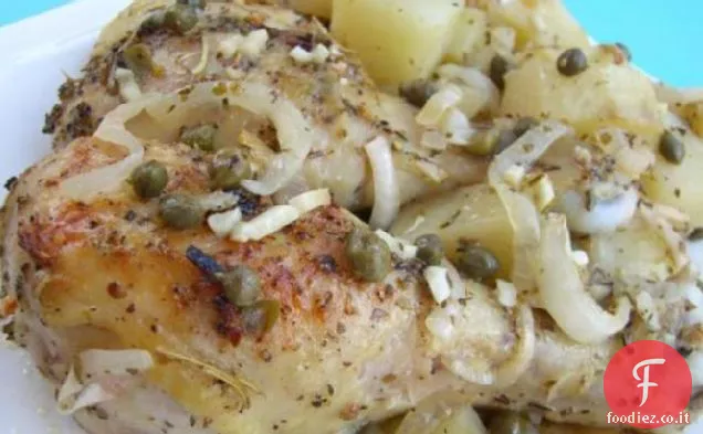 Cosce di pollo arrosto alla greca, patate e capperi
