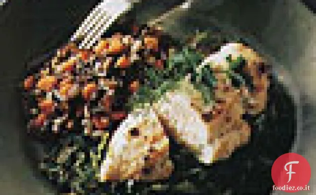 Pollo alla griglia su Porcini brasati e Verza