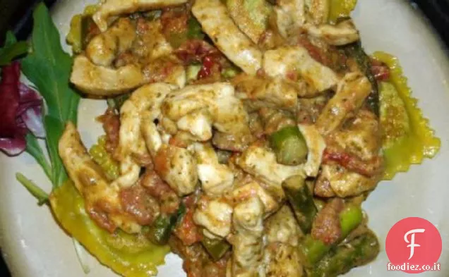 Pesto di Gorgonzola su Ravioli, Pollo e asparagi