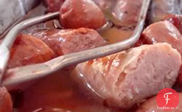 Salsicce di maiale con salsa di cipolla caramellata