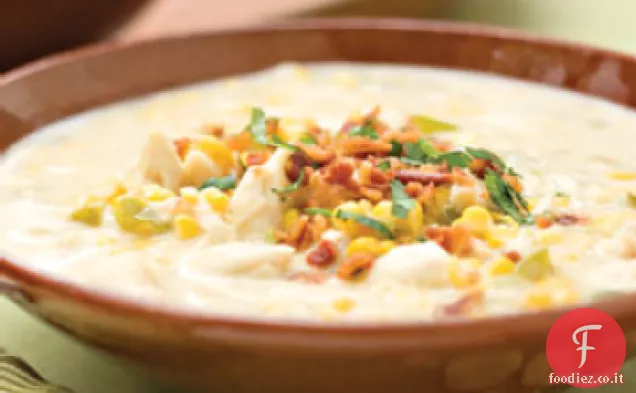 Zuppa di granchio e mais con pancetta