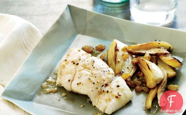 Halibut arrosto con finocchio brasato al vino