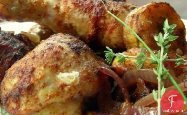Pollo arrosto con piantaggine e cipolle