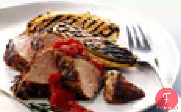 Filetto di maiale alla griglia e indivia belga e pomodoro Chile Jam