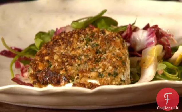 Verdi amari appassiti con formaggio di capra croccante di noci