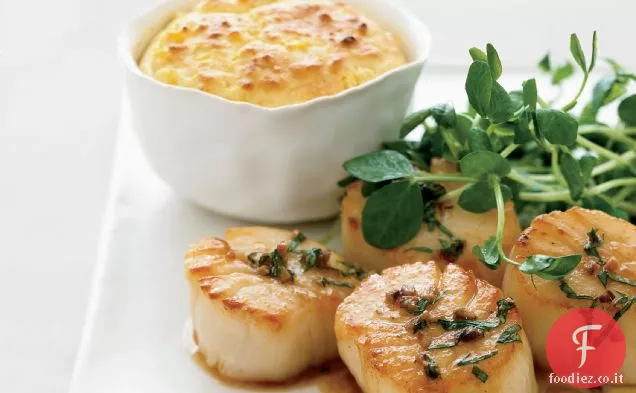 Capesante scottate con Basilico, Acciughe e budino di Mais dolce