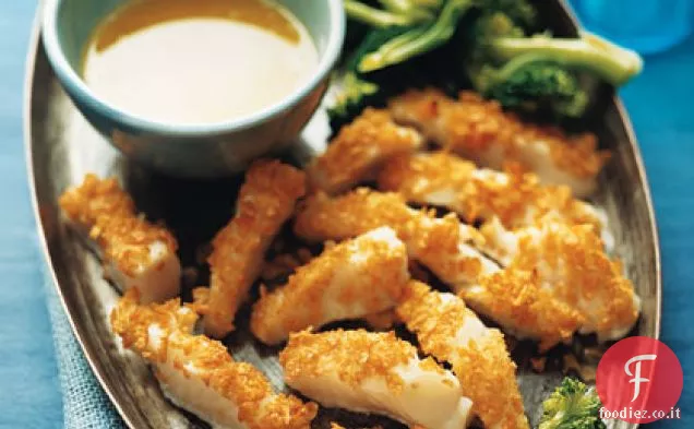 Baccalà croccante del Pacifico con salsa di salsa al burro di parmigiano e broccoli