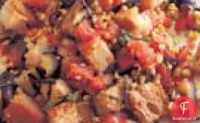 Insalata di melanzane grigliate, mais e pane con Vinaig al pomodoro e basilico
