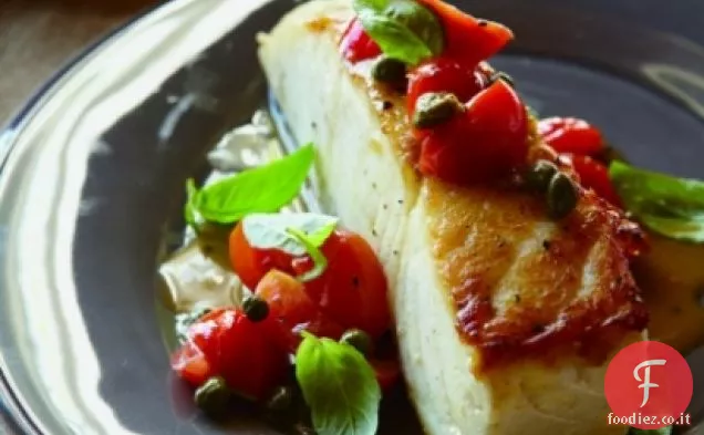 Halibut con Pepitas, Capperi e pomodori