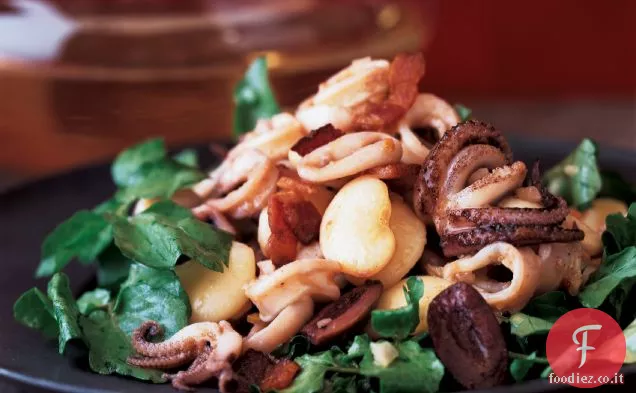 Insalata piccante di calamari con crescione e fagioli di Lima