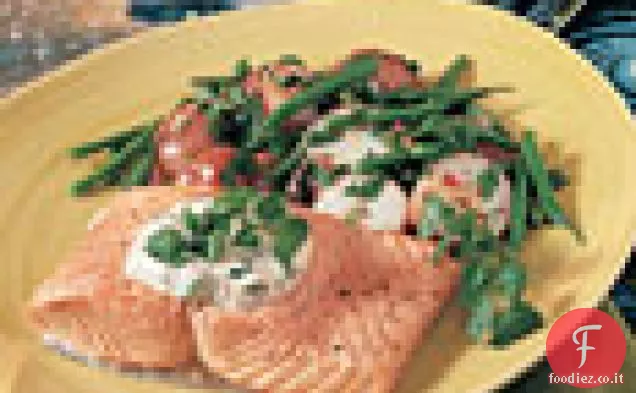 Filetti di salmone in camicia con maionese di crescione