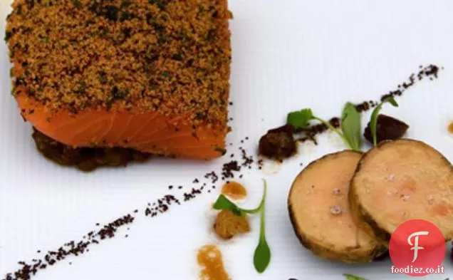 Salmone biologico 'mi-cuit', Lenticchie speziate, Foie Gras