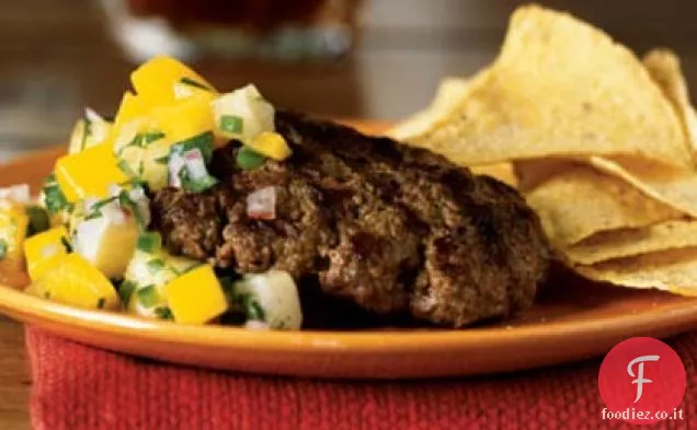 Jerk-Bistecca di hamburger di bufala condita con salsa di mango e ananas
