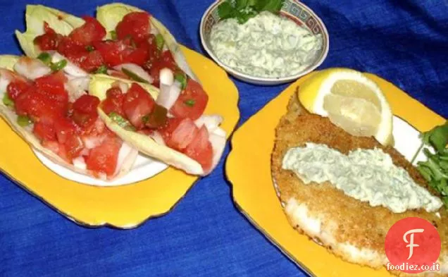 Filetti di pesce in crosta di fiocchi di mais con Cile-Coriandolo Aioli