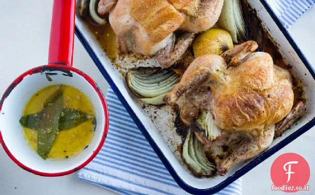 Gallina arrosto di selvaggina della Cornovaglia con limoni conservati e burro di alloro