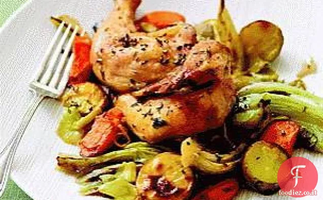 Galline della Cornovaglia e verdure arrostite al profumo di agrumi