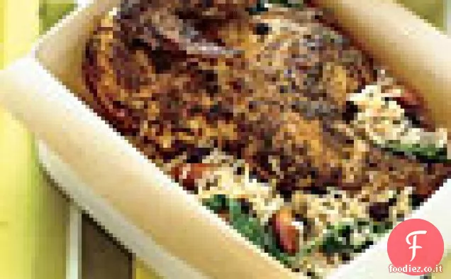 Galline di selvaggina alla griglia con Basmati, Ribes secco e Insalata di mandorle