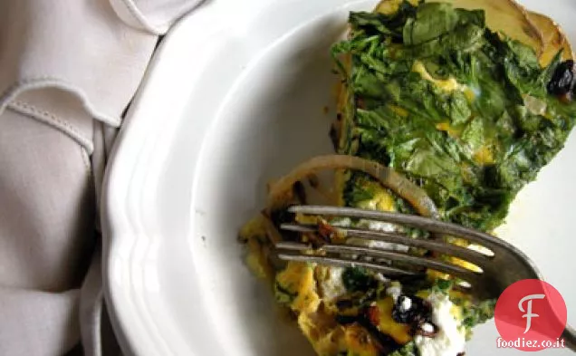 Spinaci, cipolla caramellata e Quiche Chevre con crosta di patate