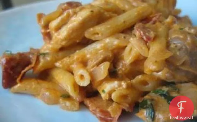 Maccheroni con crema di Pomodoro essiccato al sole e salsa di pancetta