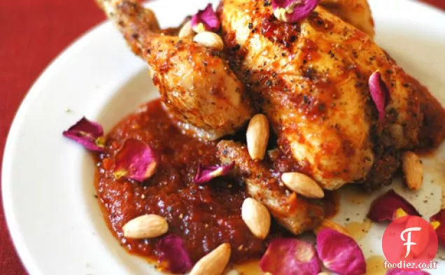 Poussins speziati marocchini con zafferano, miele e marmellata di pomodori