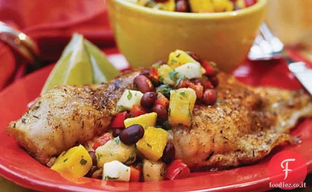 Pesce gatto caraibico con Mango-Salsa di fagioli neri