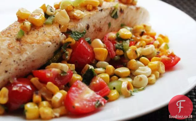 Padella Halibut con insalata di mais carbonizzato