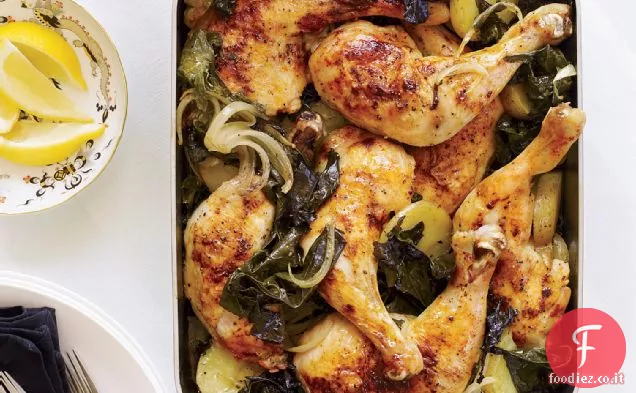 Cosce di pollo arrosto con patate e cavolo nero