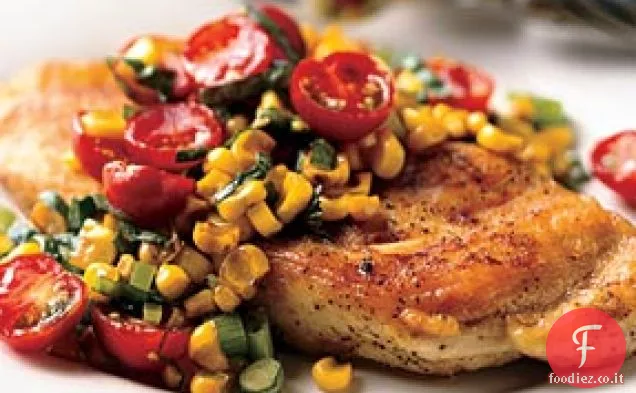 Paillards di pollo con pomodoro, basilico e gusto di mais arrostito