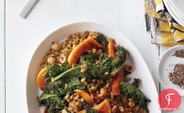 Freekeh con zucca arrosto, cavolo scottato e caramello