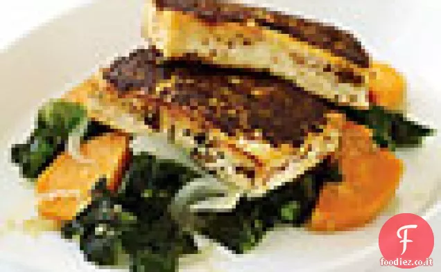 Tofu in crosta di senape con cavolo e patata dolce