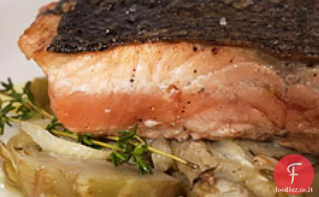 Salmone Re con Finocchio Brasato e Carciofi