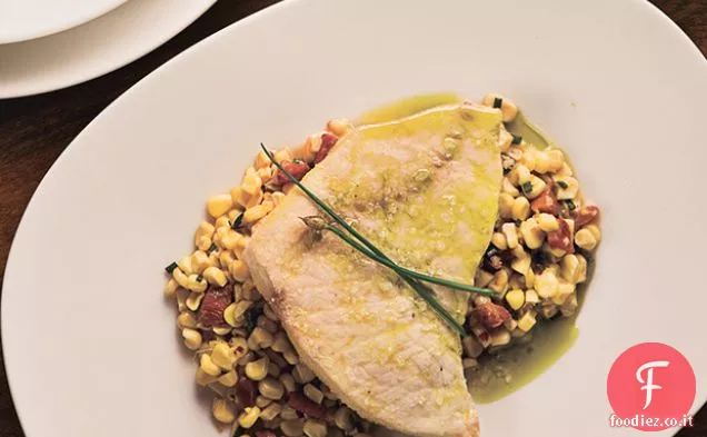 Pesce Spada in camicia con Mais Bianco, Guanciale e Olio di Erba Cipollina