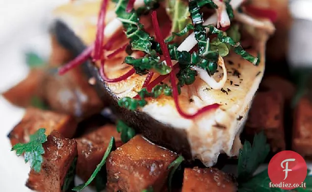 Halibut arrosto con patate dolci glassate al miso