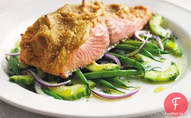 Hummus-Crosta di salmone re selvatico dell'Alaska su un letto di fagioli francesi, cipolla rossa e insalata di cetrioli con olio di limone
