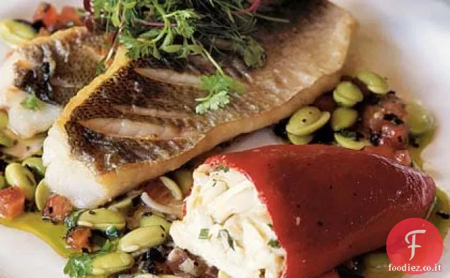 Trota maculata con Piquillos ripieni di granchio, Edamame e Vinaigrette al Tartufo