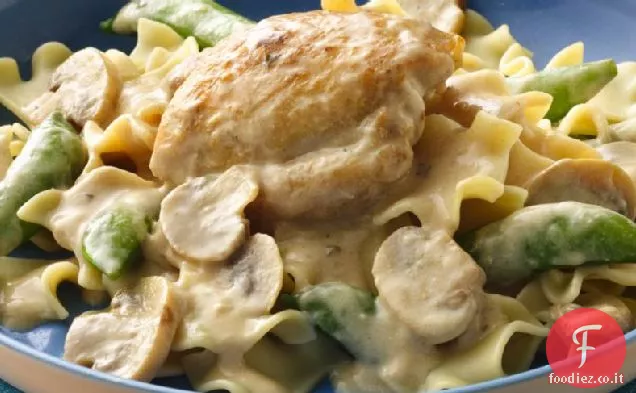 Cosce di pollo impertinente con funghi e baccelli di piselli