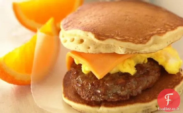 Panini con pancake al formaggio e salsiccia